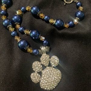 Blue and Glass Gold Beaded Necklace with Rhinestones 2”x2” Tiger Paw Pendant